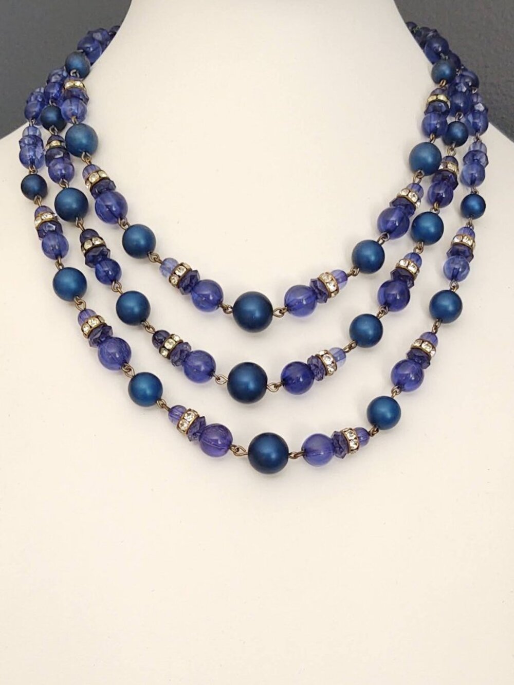 Vintage blue beaded necklace with CZ accents